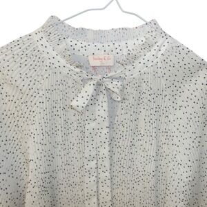 Hailey & Co White Polka Dot Pleated Tie Neck Secretary Blouse Long Sleeve Medium